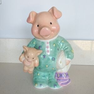 Vtg Ceramic Piggy Bank Pig Figurine in Green Pajamas Holding Baby Pig